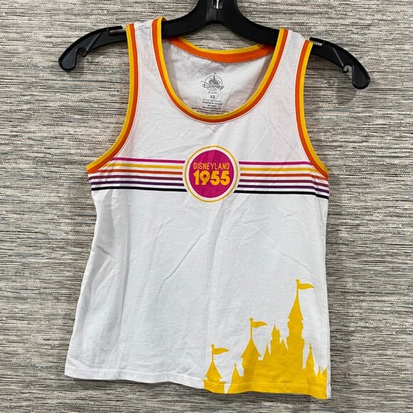 ✨   Disneyland 1955 Women's Tank Top XS White Cotton Blend Retro Striped Design - Picture 1 of 5